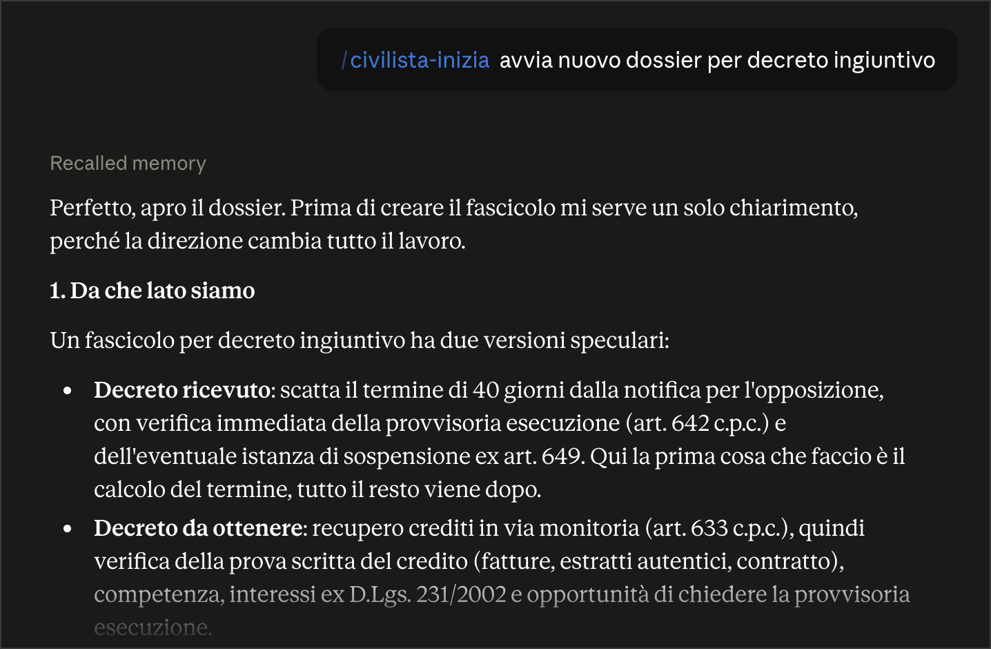 Esempio di conversazione: apertura di un fascicolo per decreto ingiuntivo