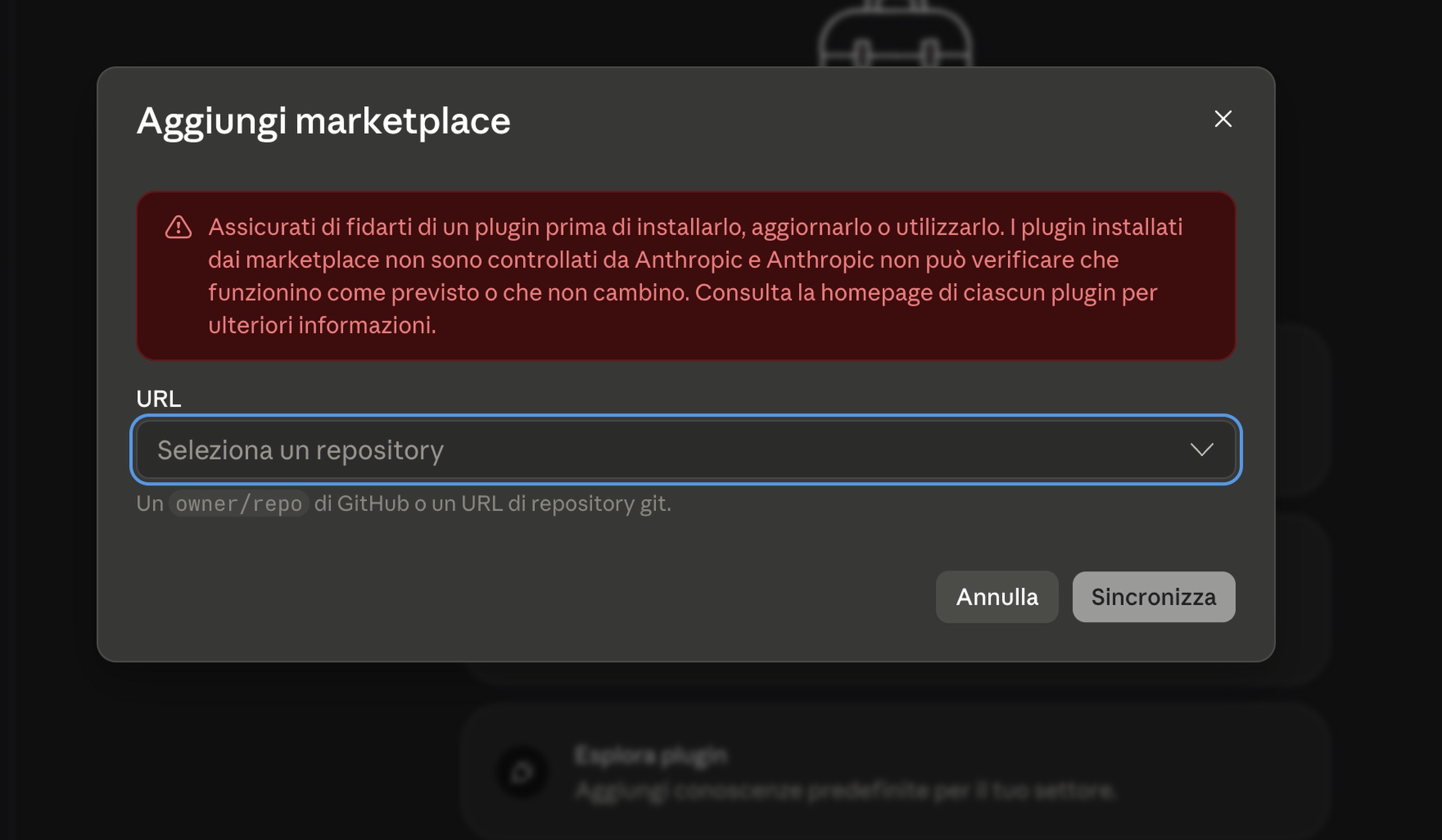 Finestra Aggiungi marketplace vuota