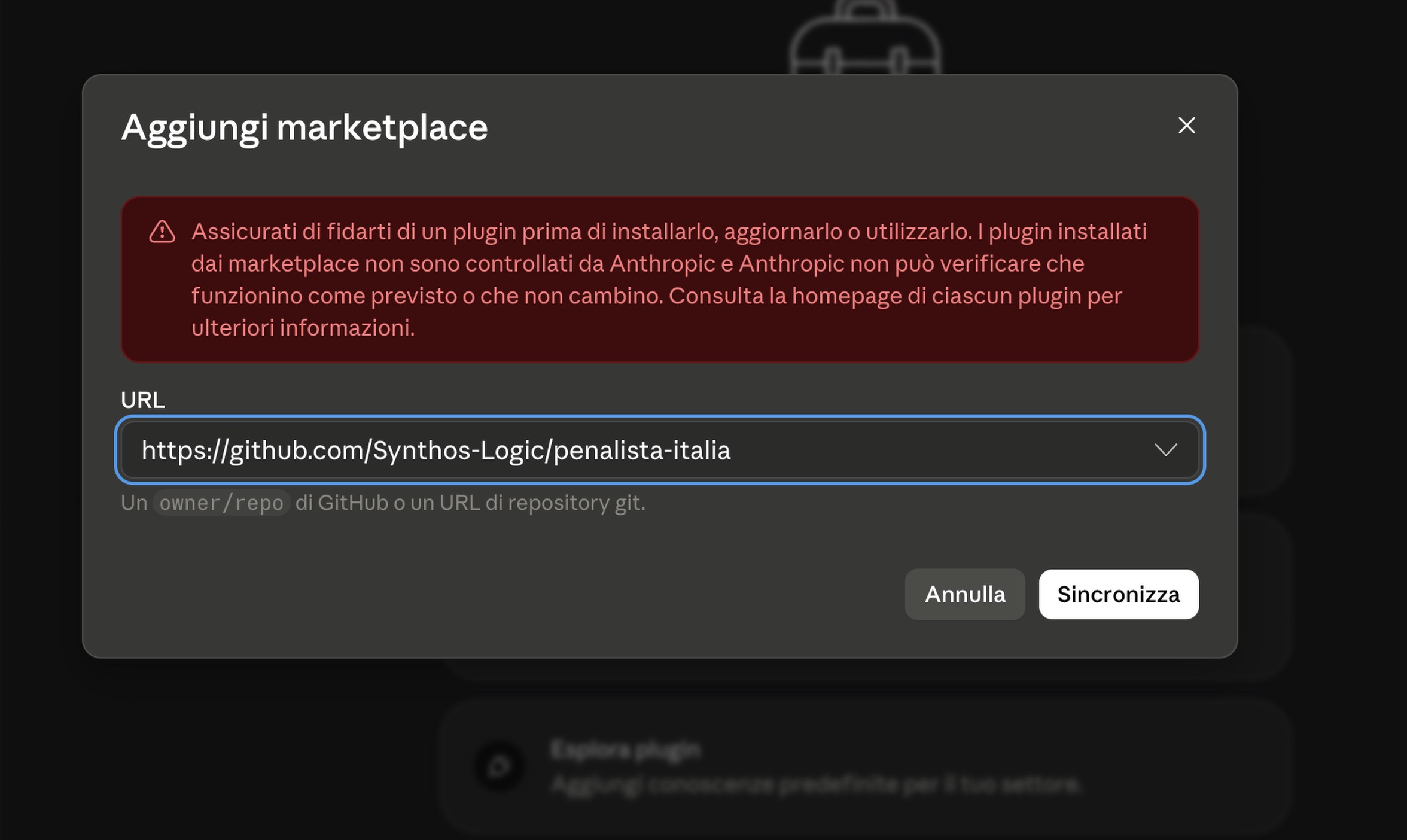 URL del marketplace inserito