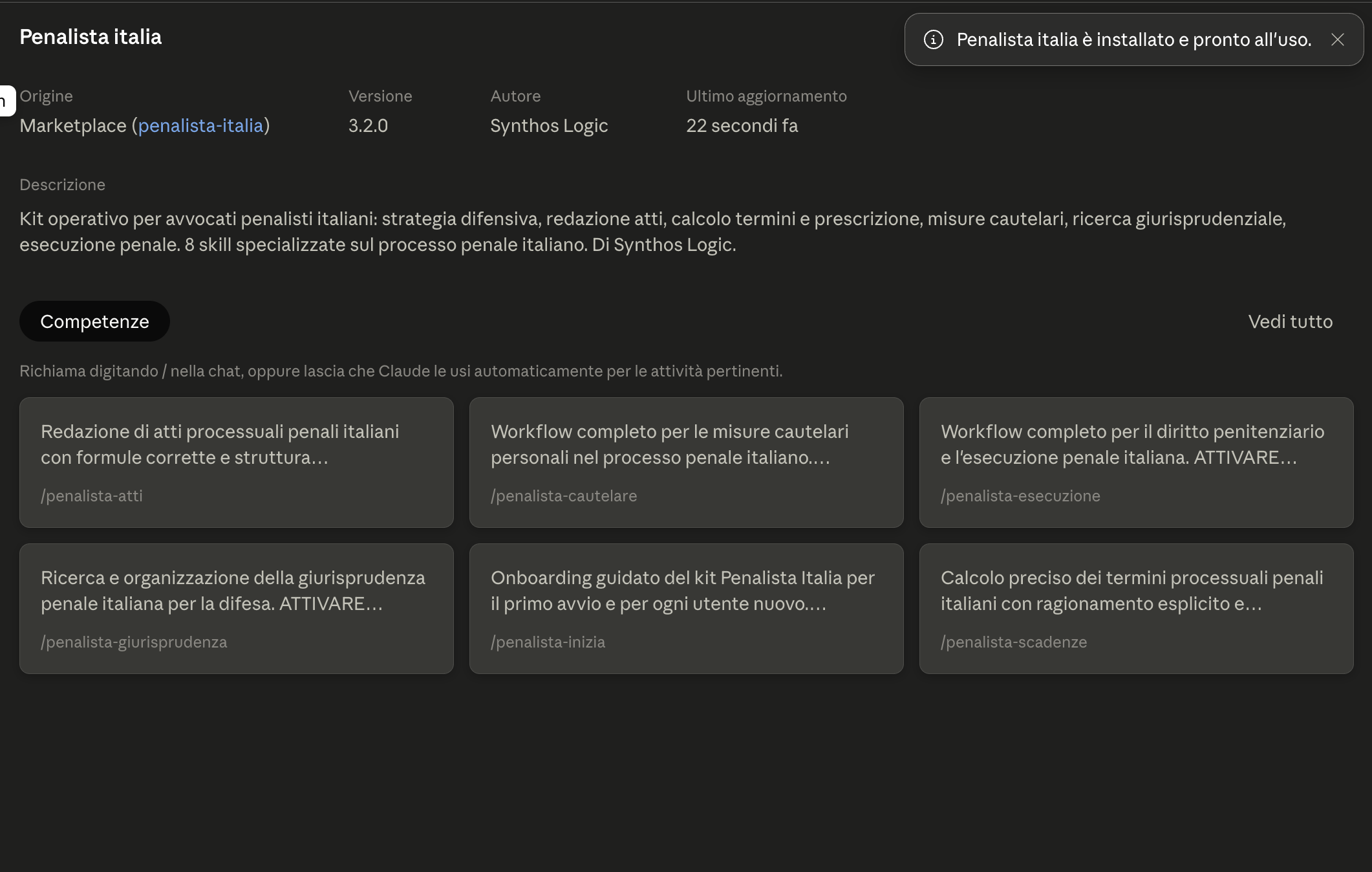 Dettaglio del plugin installato